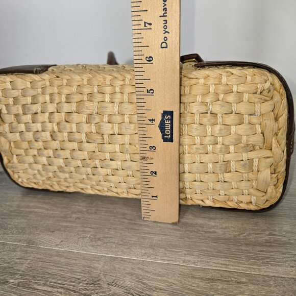Chaps Straw Woven Shoulder Bag Purse Medium Brown Trim Charm Double Handle Rafia - Picture 8 of 9